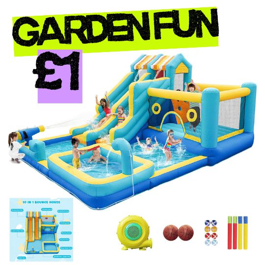 Bouncy Castle with Water Slide, 10-in-1 Inflatable Bouncy House XXL with Blower Climbing Wall Jumping Water Gun Splash Pool and Basketball Hoop 