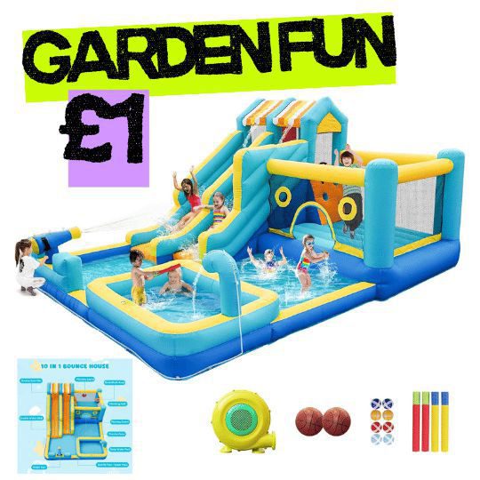 Bouncy Castle with Water Slide, 10-in-1 Inflatable Bouncy House XXL with Blower Climbing Wall Jumping Water Gun Splash Pool and Basketball Hoop 