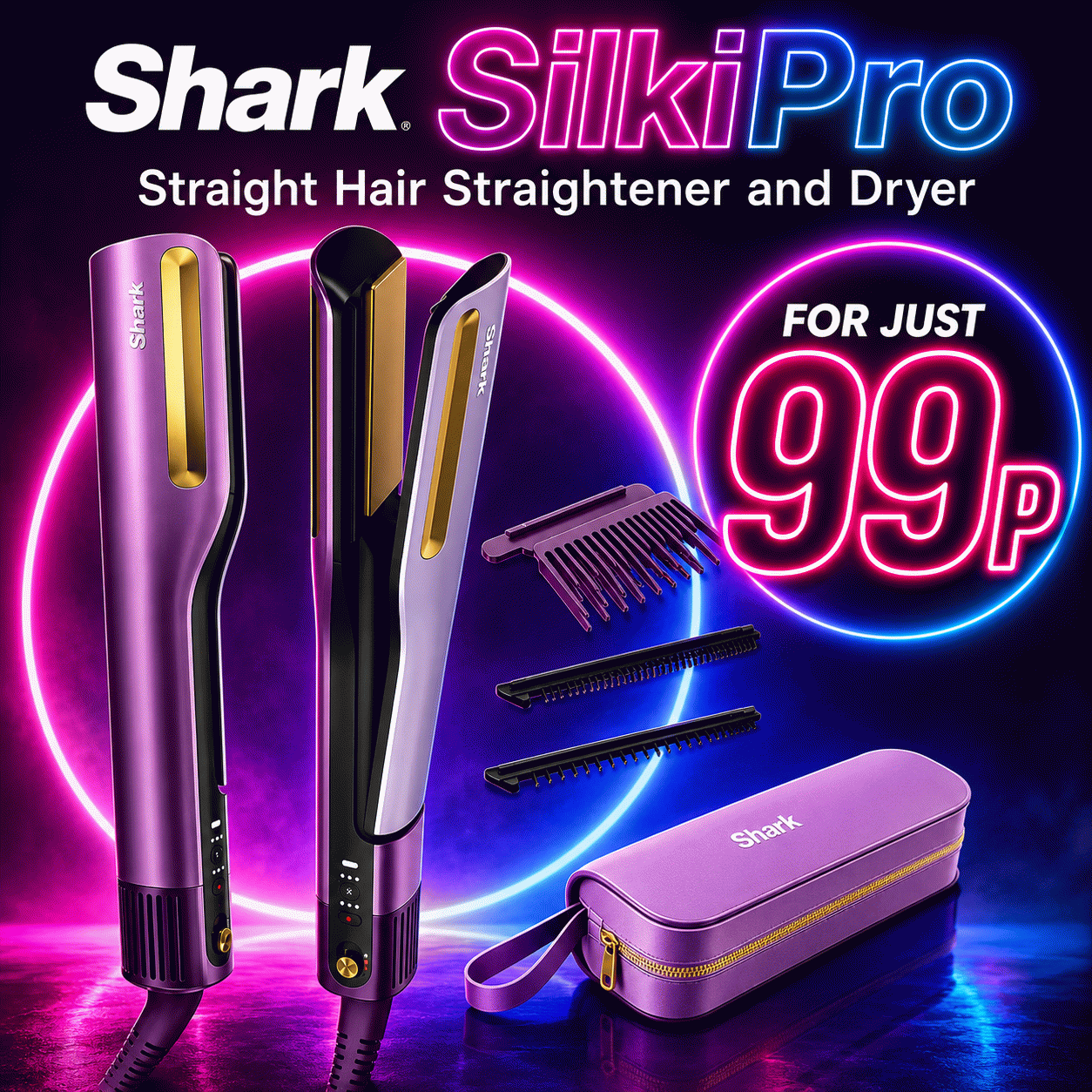 Shark SilkiPro Straight Hair Straightener and Dryer - Plum Satin